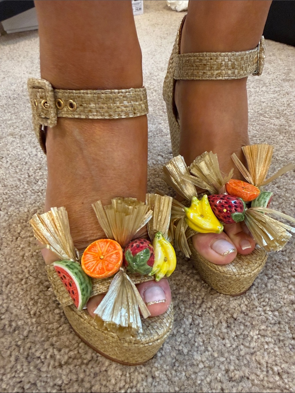 Alameda Turquesa Raffia Fruit Wedge Sandals 37 | Sicily Style Statement Heels